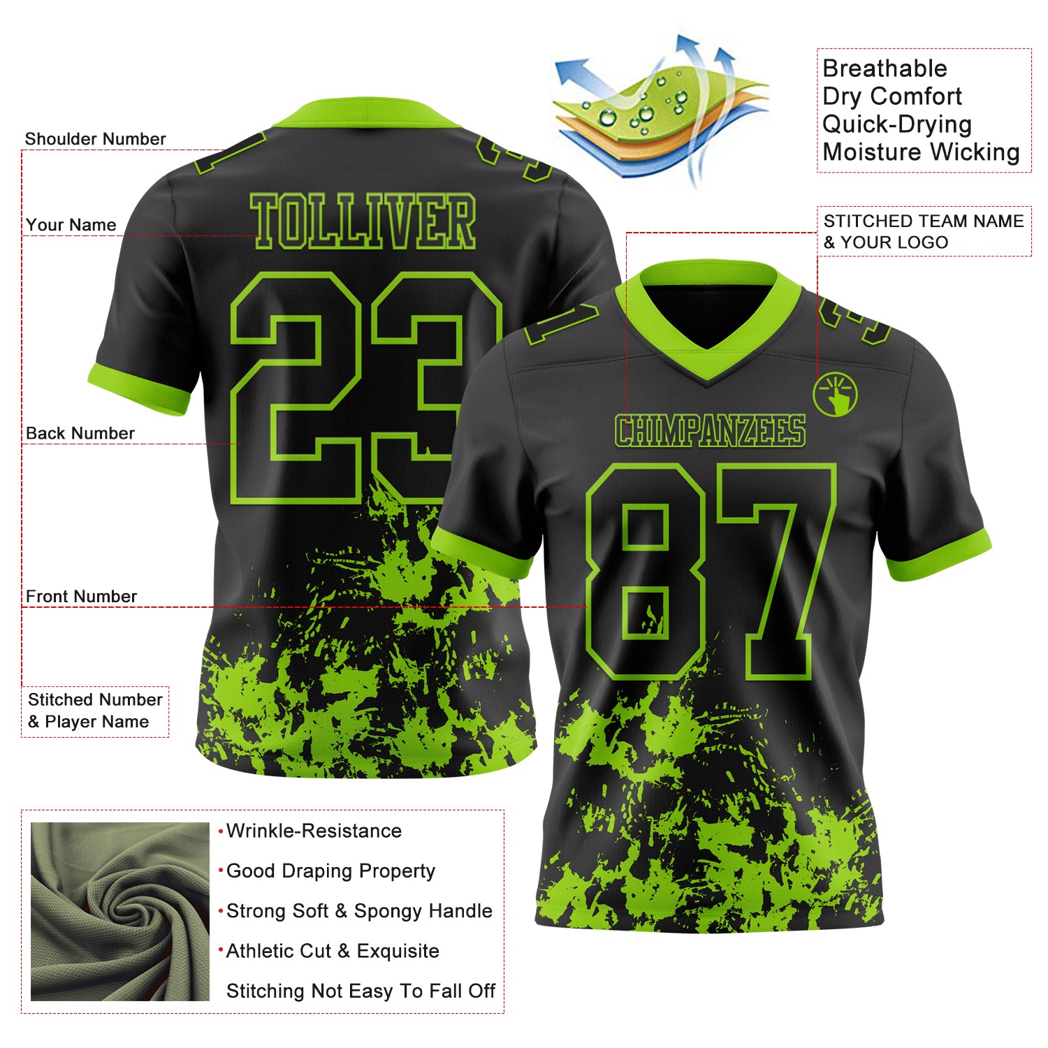 Custom Black Neon Green 3D Pattern Splash Authentic Football Jersey - Image 2