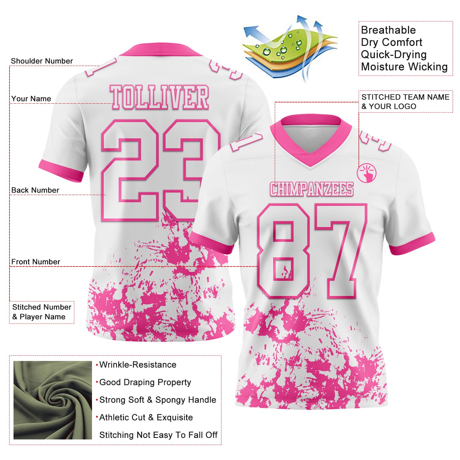 Custom White Pink 3D Pattern Splash Authentic Football Jersey - Image 2