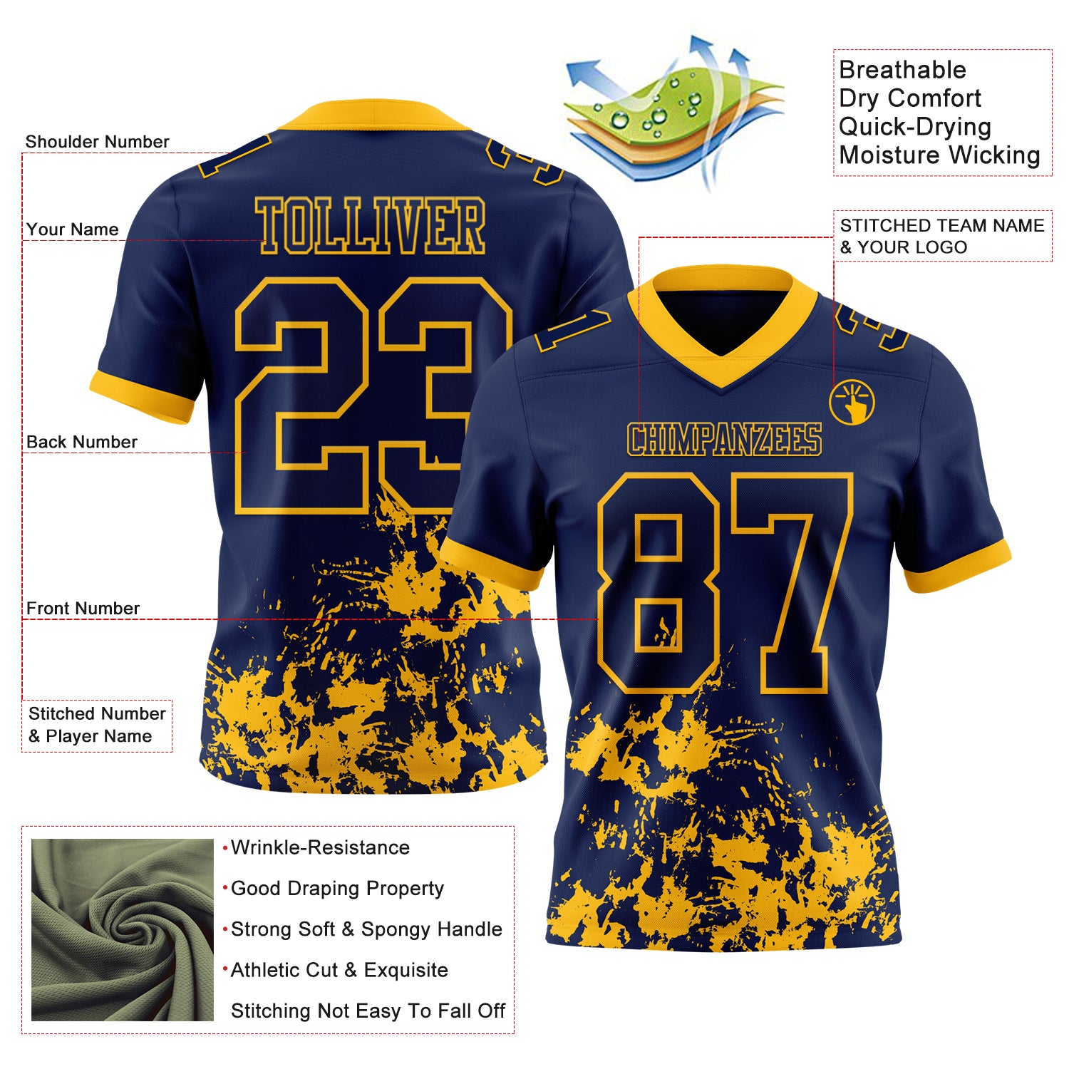 Custom Navy Gold 3D Pattern Splash Authentic Football Jersey - Image 2