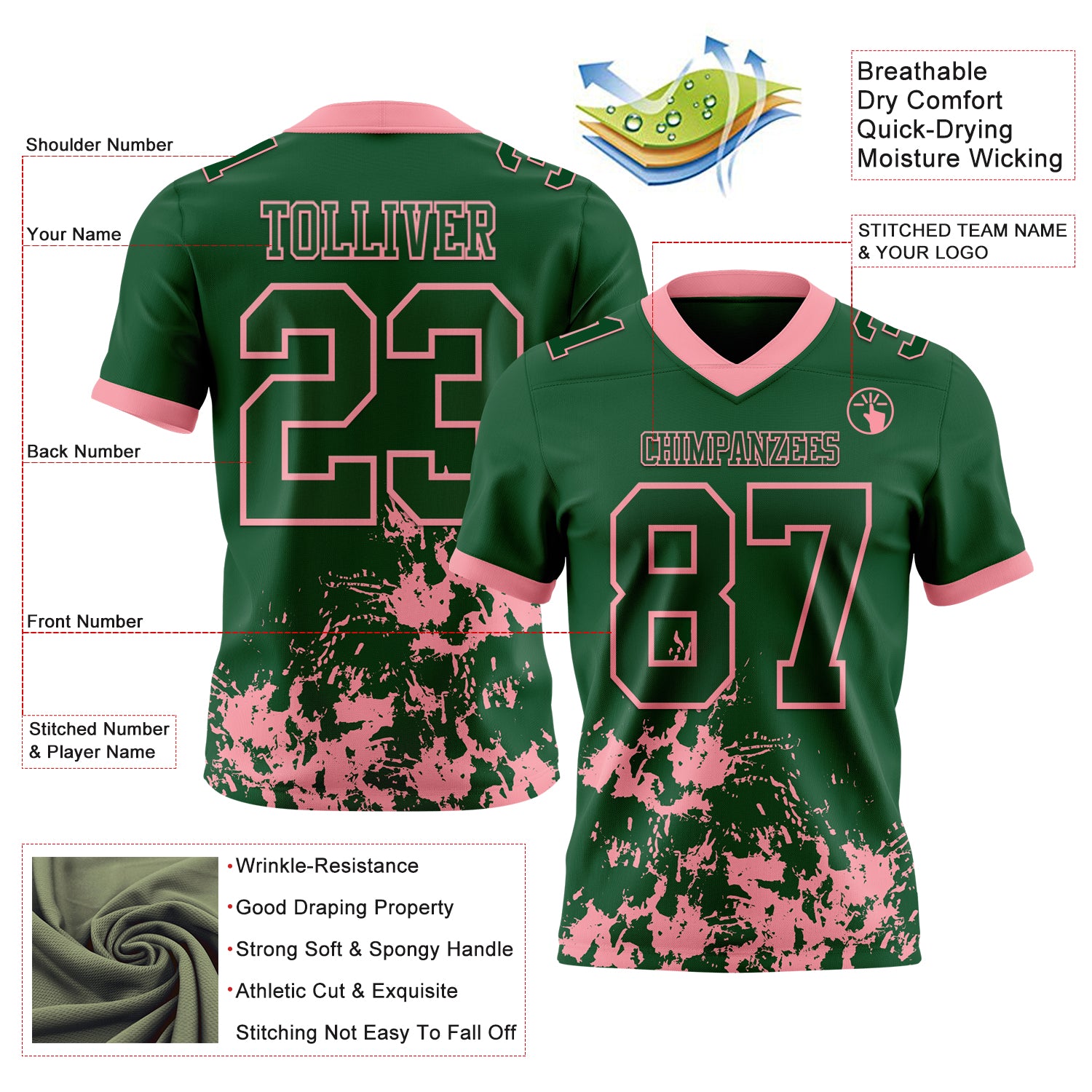 Custom Green Medium Pink 3D Pattern Splash Authentic Football Jersey