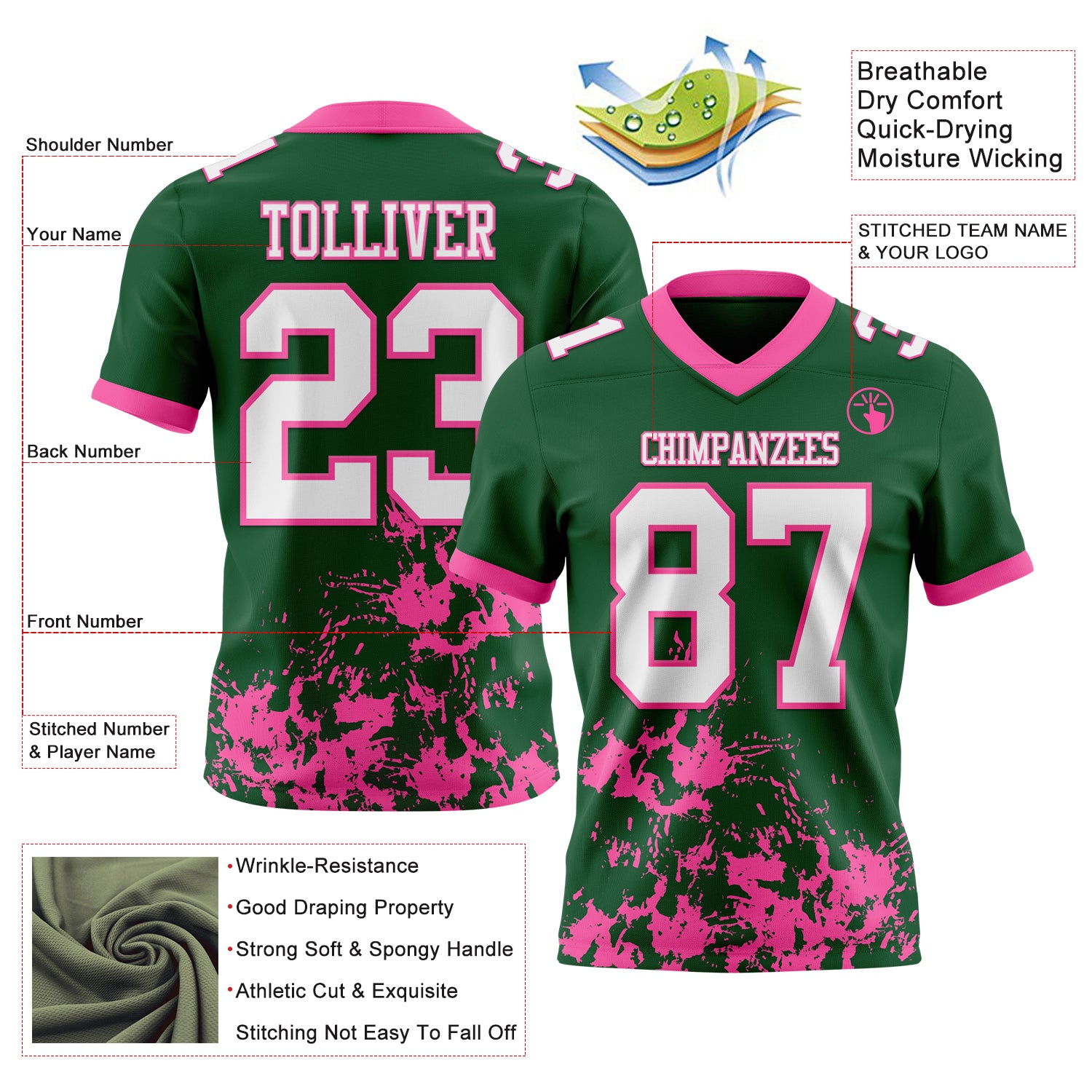 Custom Green White-Pink 3D Pattern Splash Authentic Football Jersey