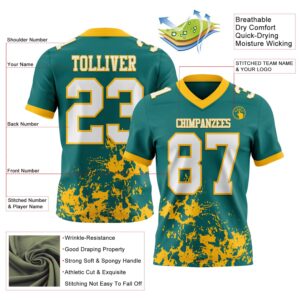 Custom Teal White-Gold 3D Pattern Splash Authentic Football Jersey