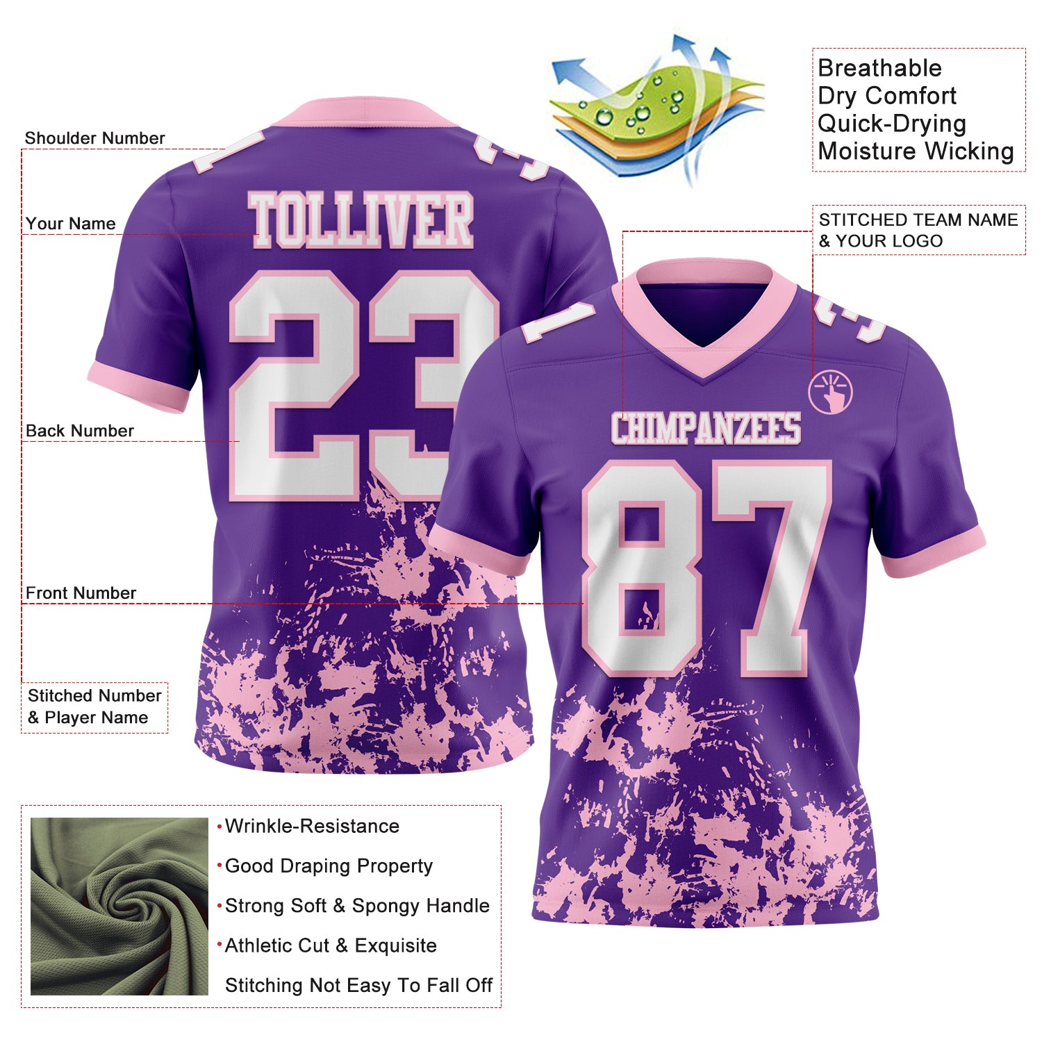 Custom Purple White-Light Pink 3D Pattern Splash Authentic Football Jersey
