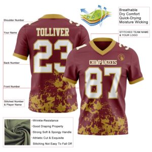 Custom Burgundy White-Old Gold 3D Pattern Splash Authentic Football Jersey
