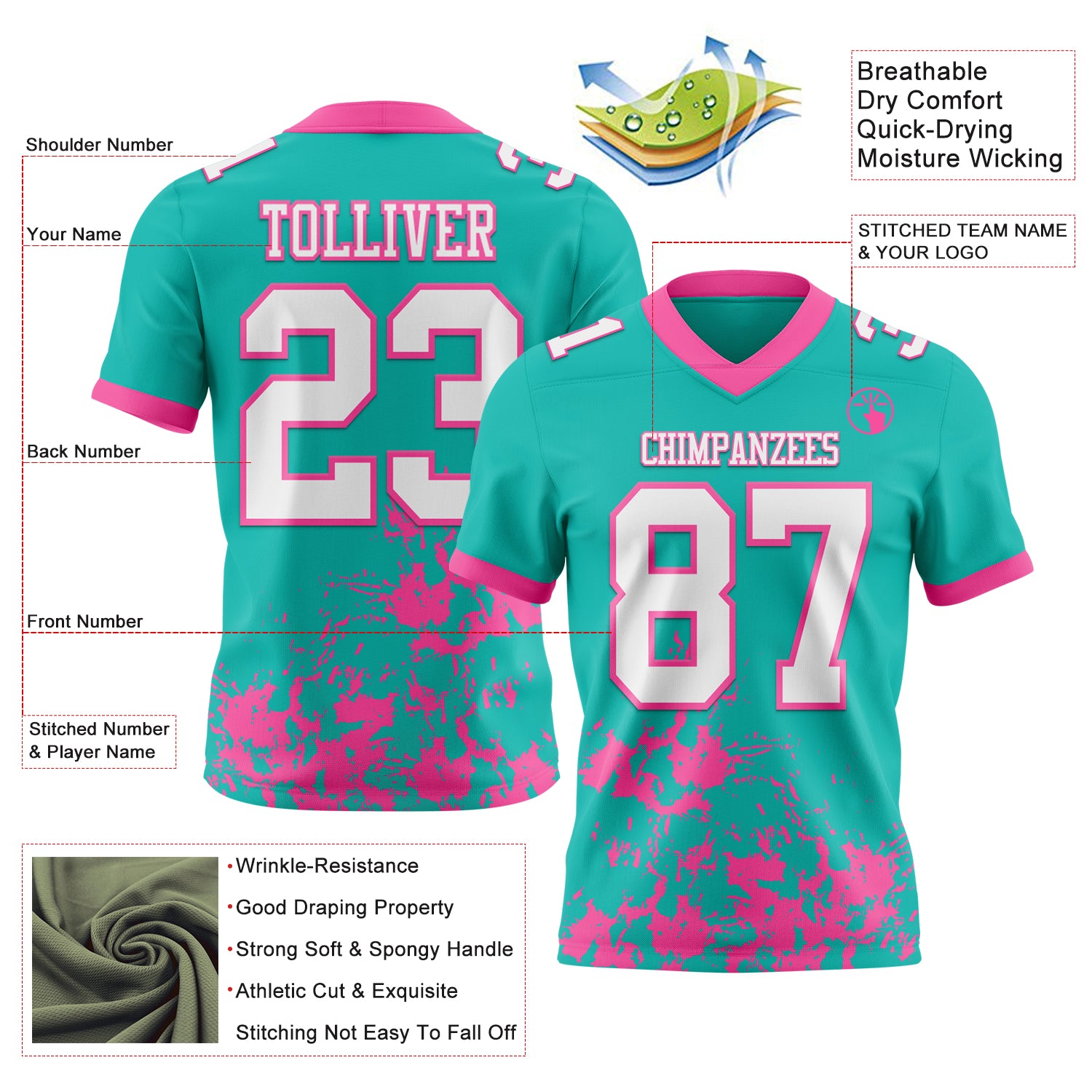 Custom Aqua White-Pink 3D Pattern Splash Authentic Football Jersey - Image 2