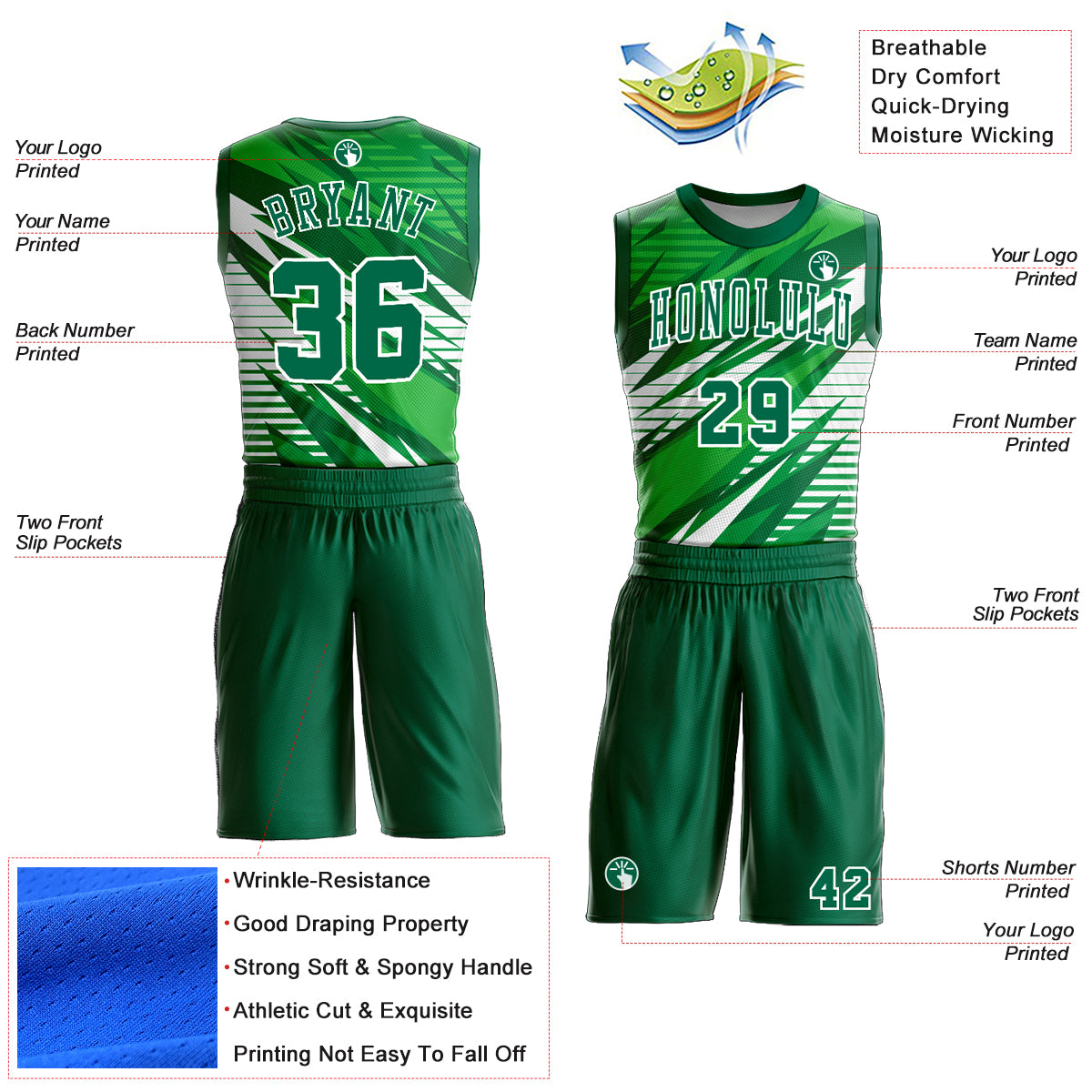 Custom Kelly Green White Round Neck Sublimation Basketball Suit Jersey - Image 2