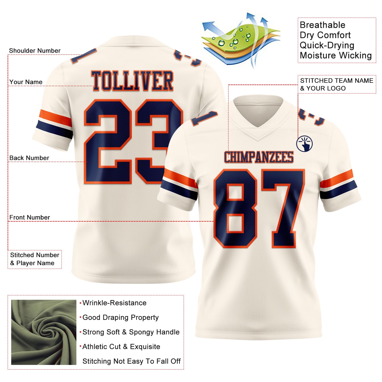 Custom Cream Navy-Orange Authentic Football Jersey - Image 3