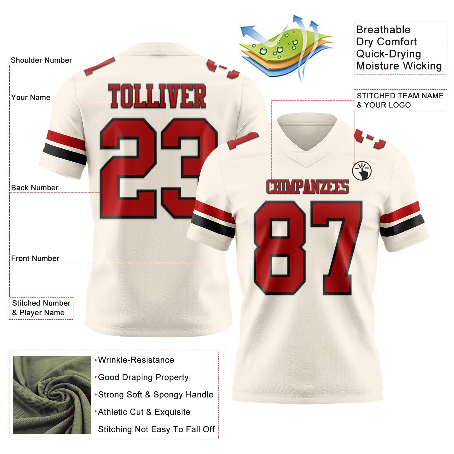 Custom Cream Red-Black Authentic Football Jersey - Image 3