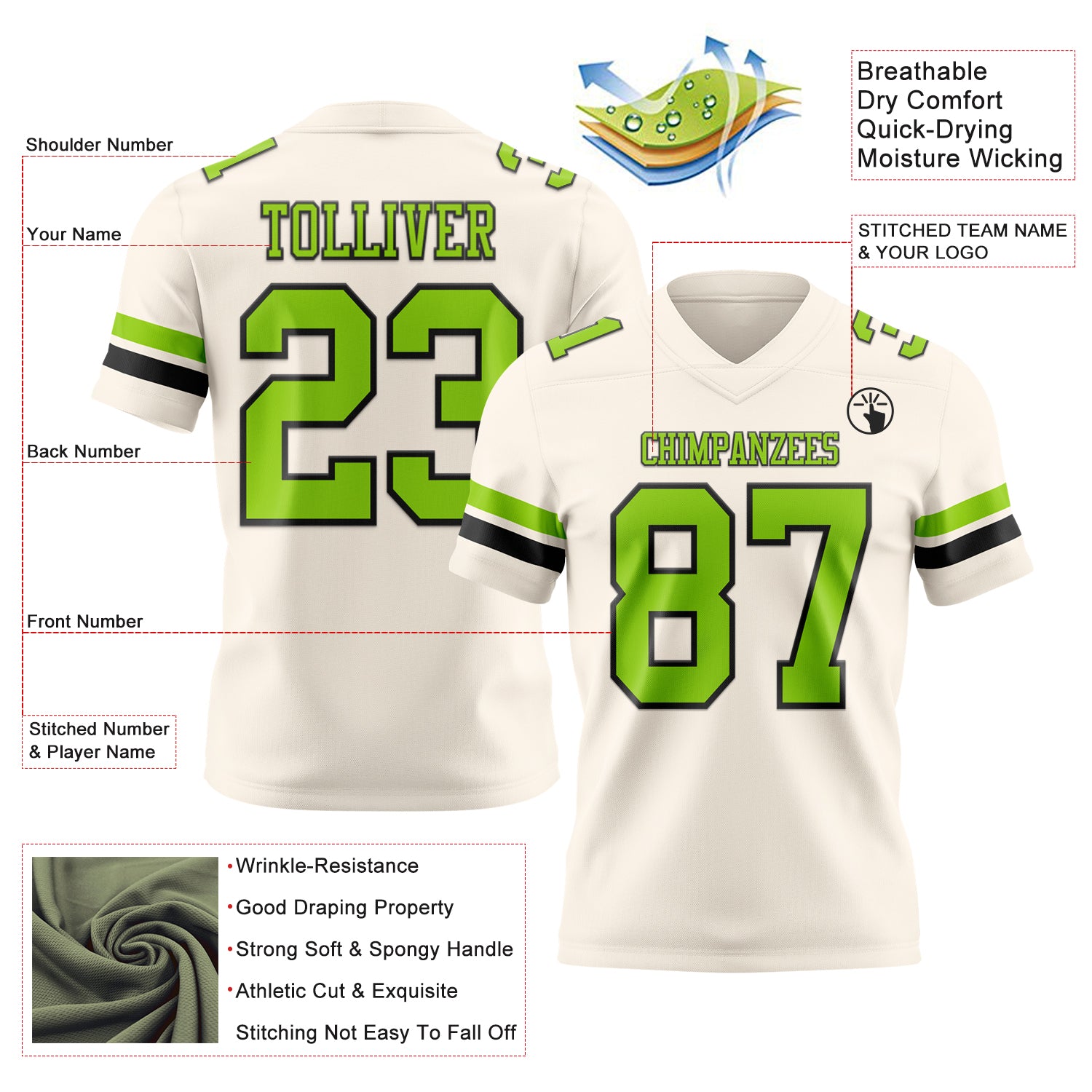 Custom Cream Neon Green-Black Authentic Football Jersey - Image 3