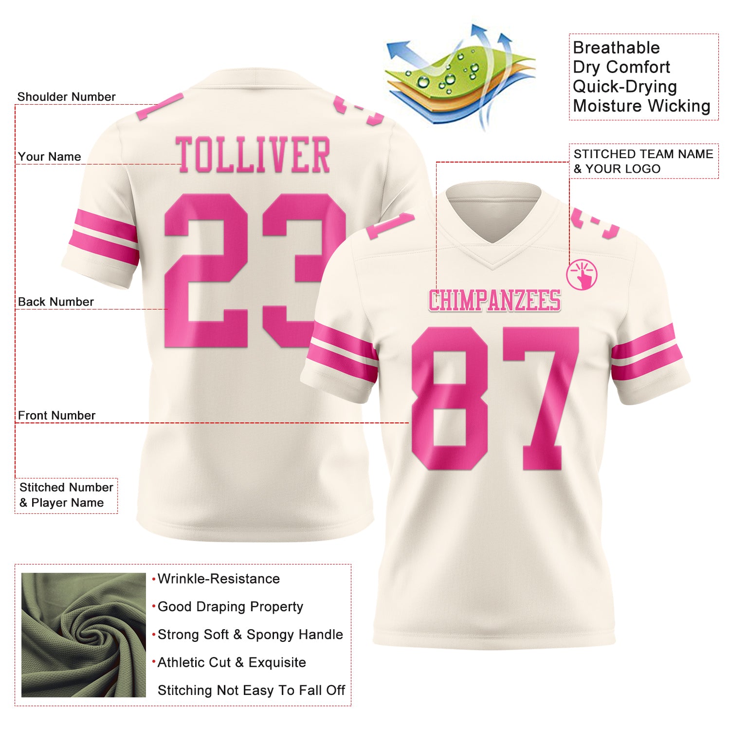 Custom Cream Pink Authentic Football Jersey - Image 3
