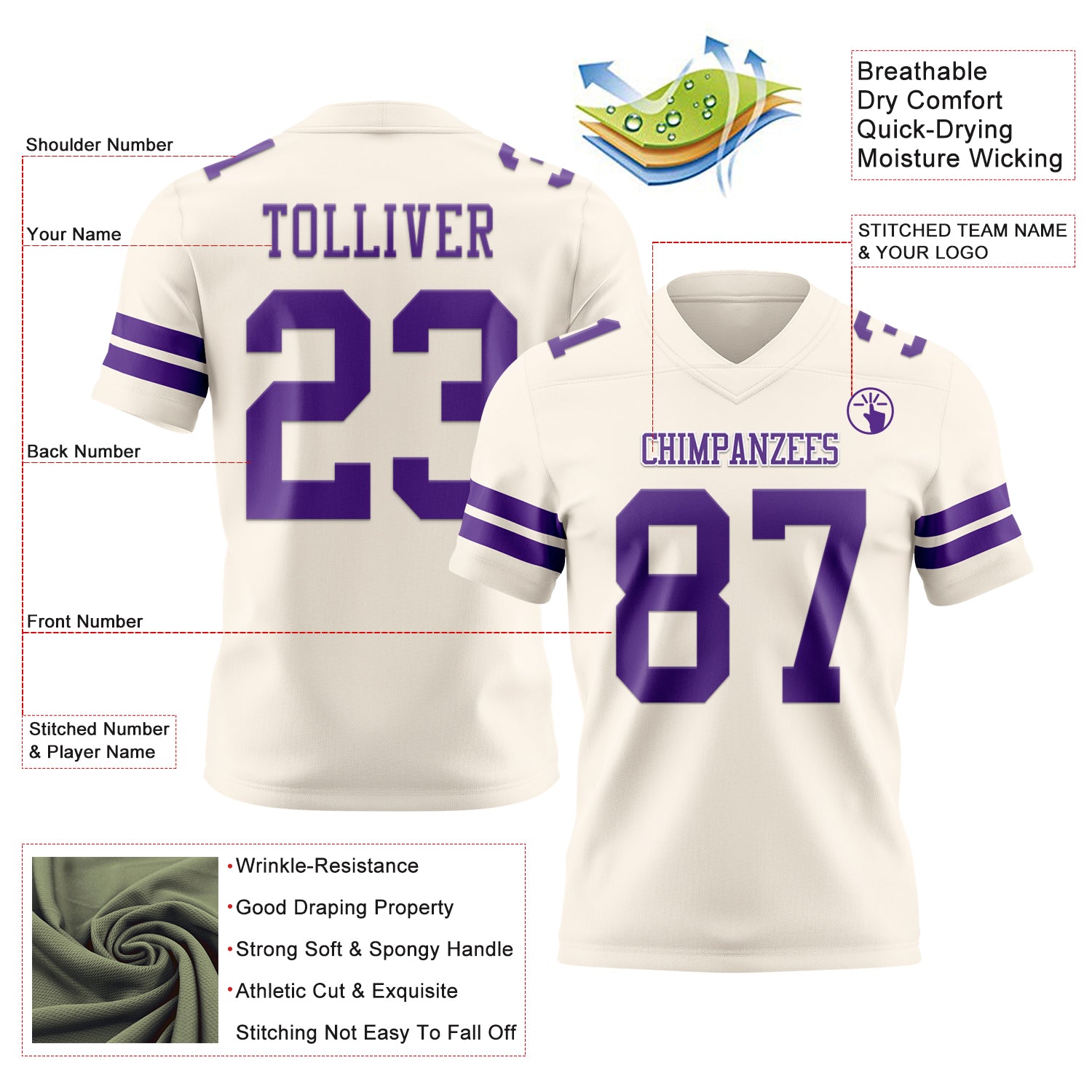 Custom Cream Purple Authentic Football Jersey - Image 3