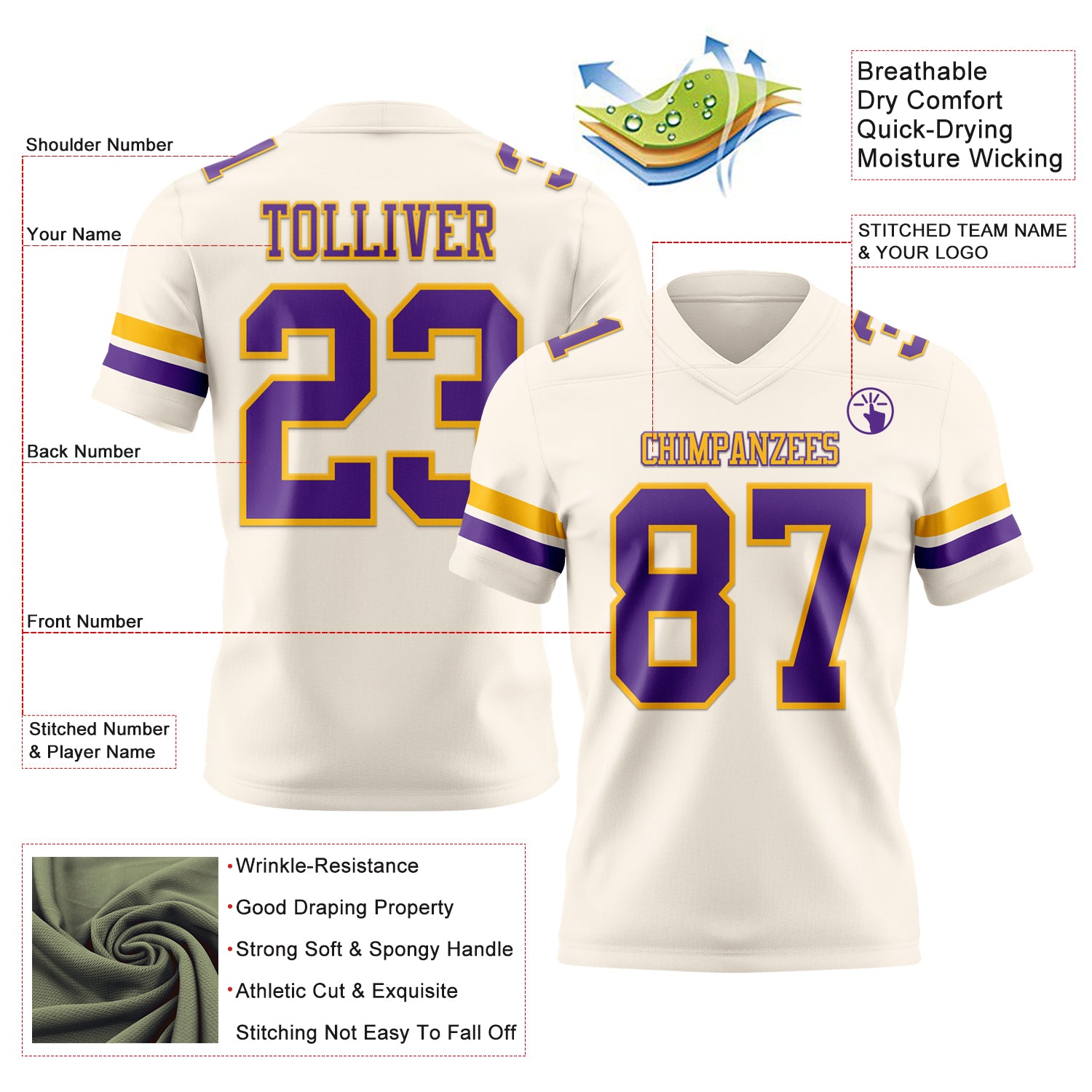 Custom Cream Purple-Gold Authentic Football Jersey - Image 3