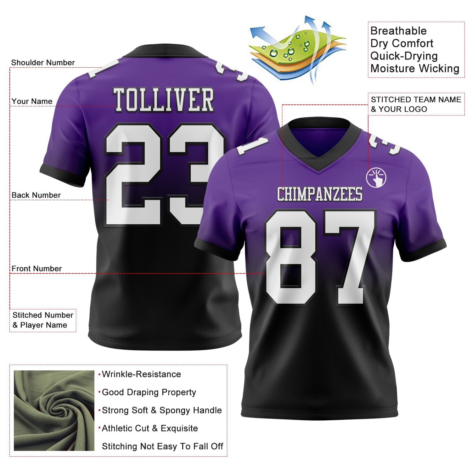 Custom Purple White-Black Authentic Fade Fashion Football Jersey - Image 2