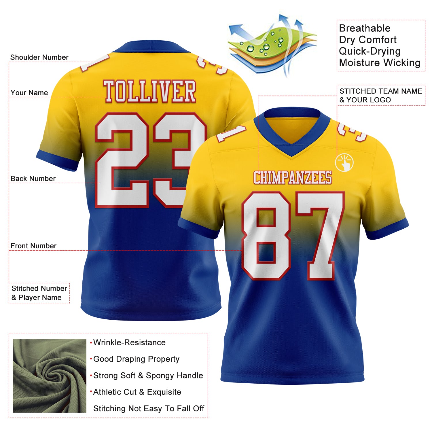 Custom Yellow White Royal-Red Authentic Fade Fashion Football Jersey