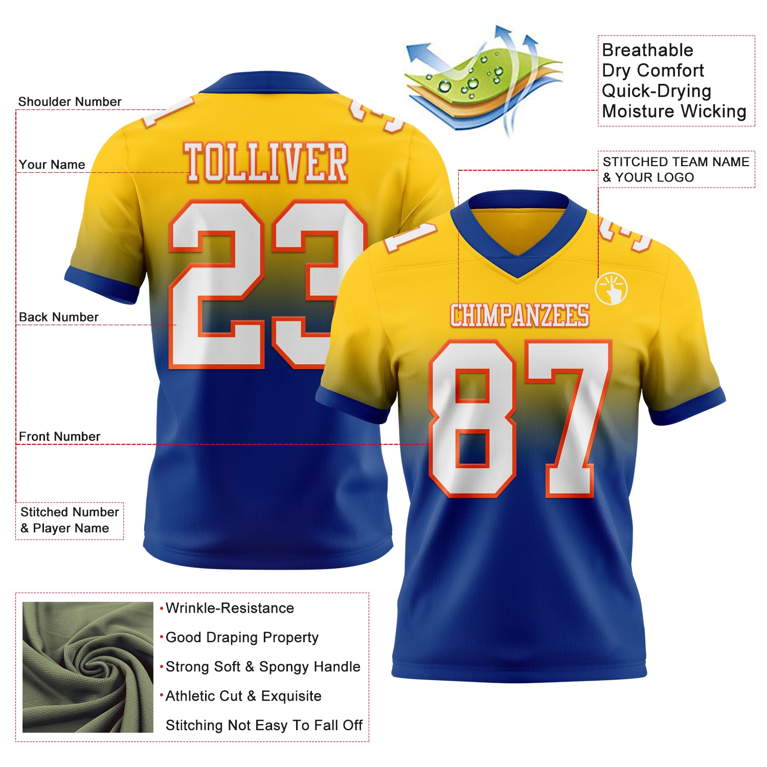 Custom Yellow White Royal-Orange Authentic Fade Fashion Football Jersey