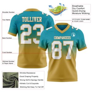 Custom Teal White-Old Gold Authentic Fade Fashion Football Jersey