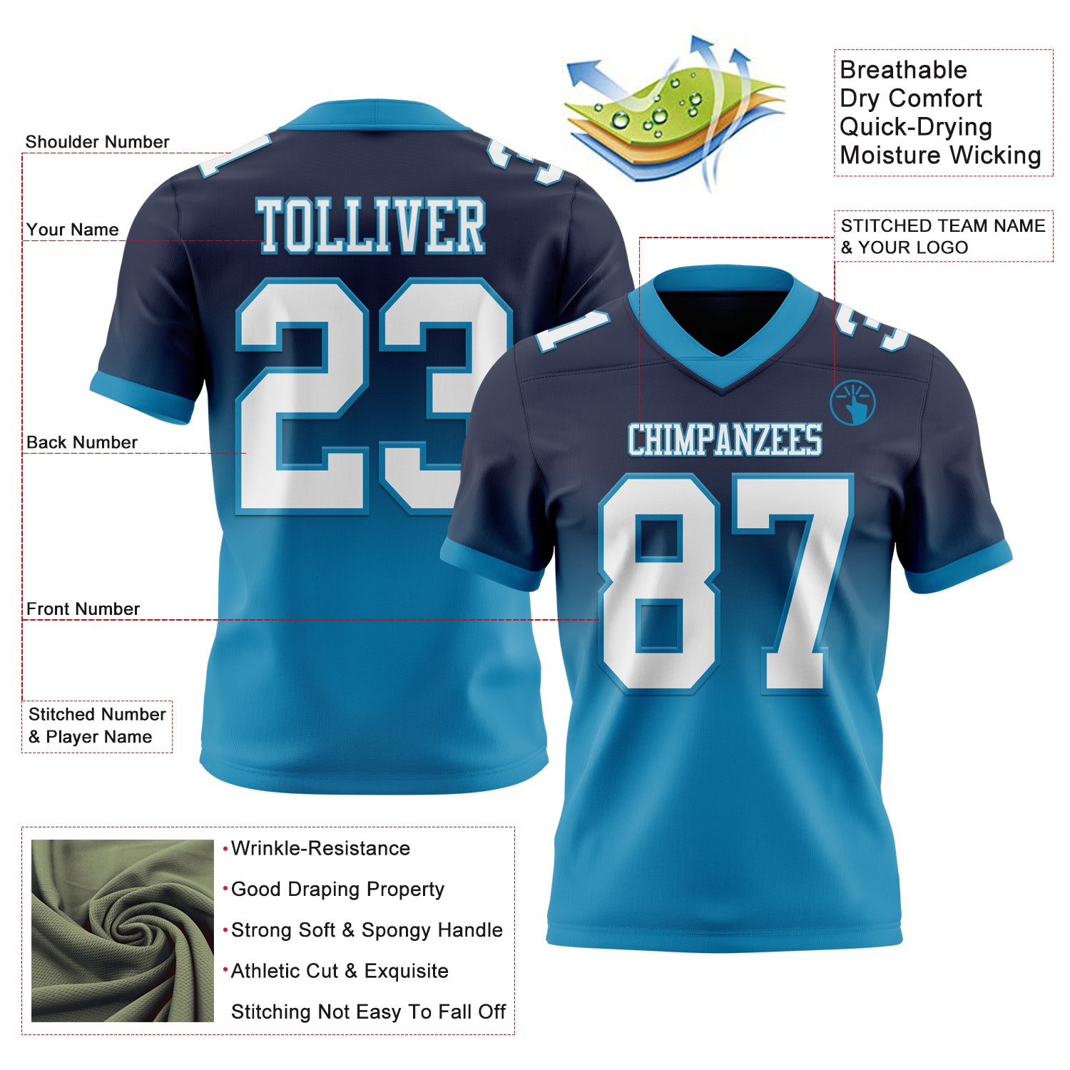 Custom Navy White-Panther Blue Authentic Fade Fashion Football Jersey - Image 2