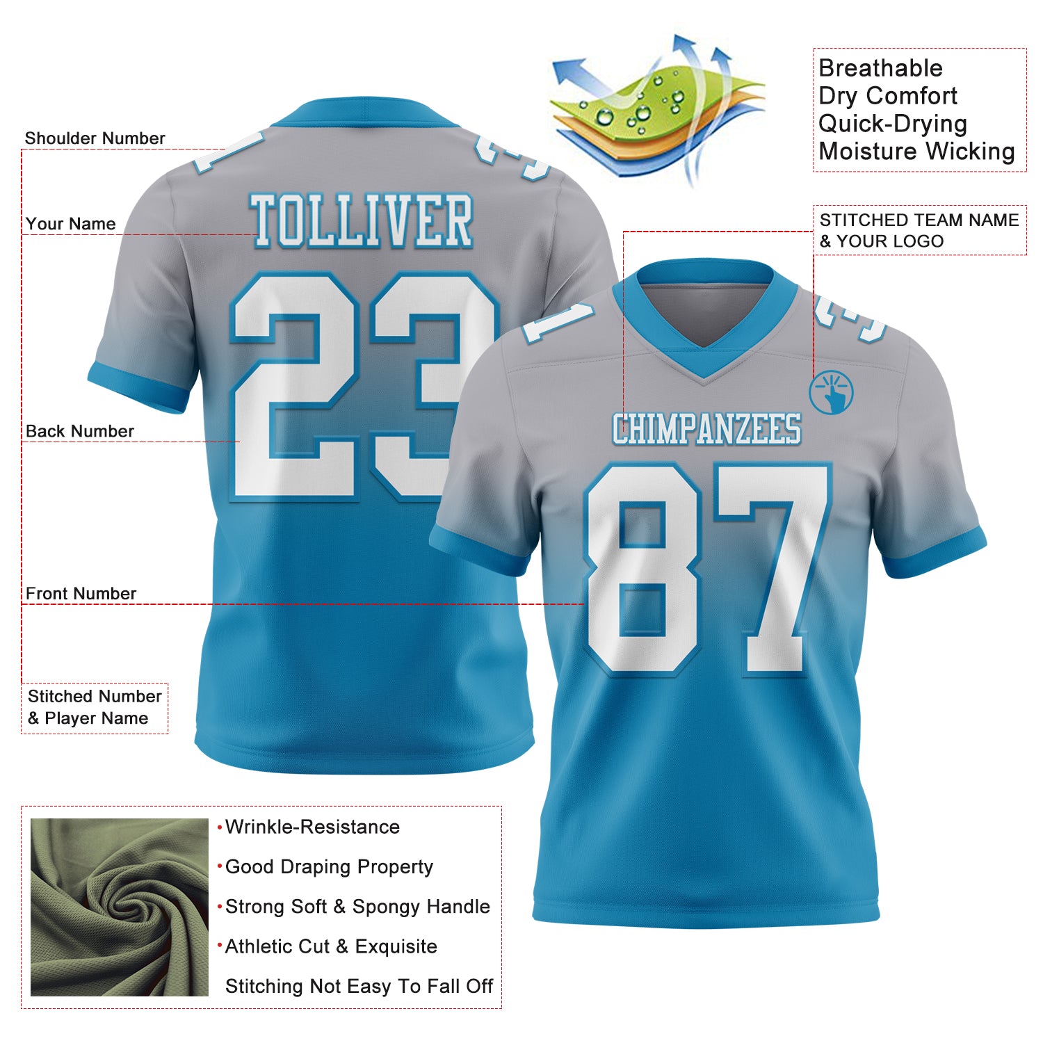 Custom Gray White-Panther Blue Authentic Fade Fashion Football Jersey - Image 2