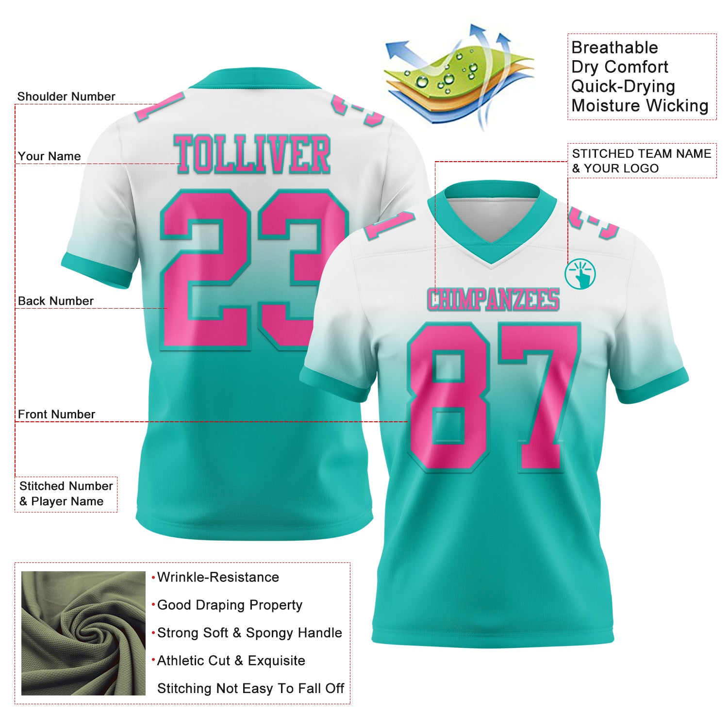 Custom White Pink-Aqua Authentic Fade Fashion Football Jersey - Image 2