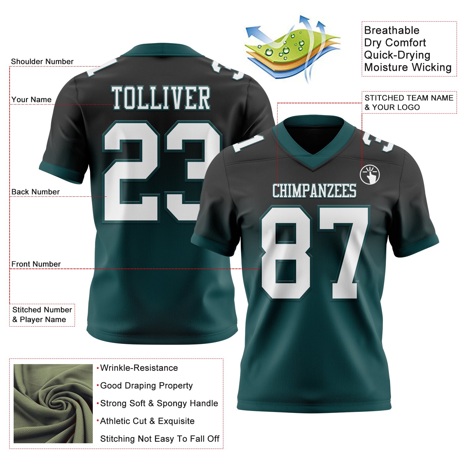Custom Black White-Midnight Green Authentic Fade Fashion Football Jersey - Image 2