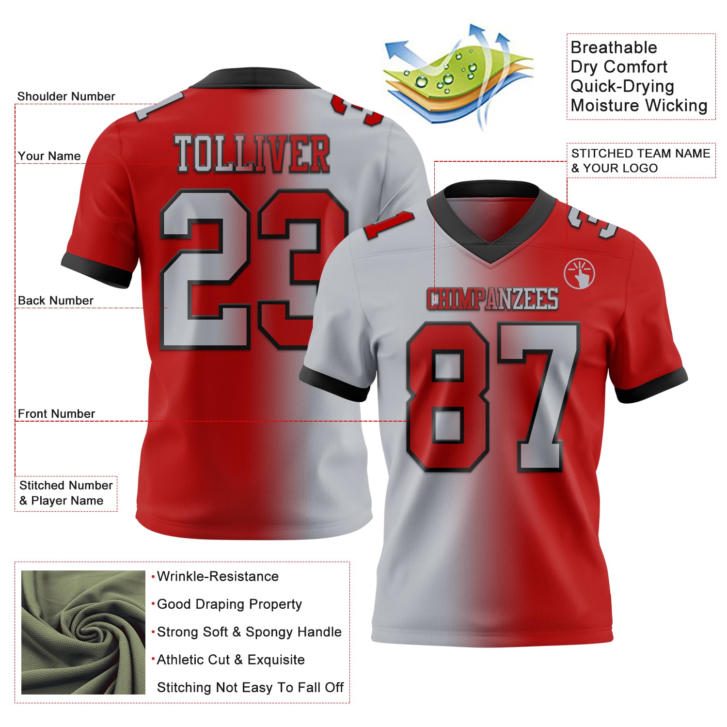 Custom Red Gray-Black Authentic Gradient Fashion Football Jersey
