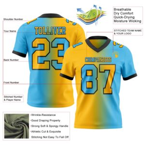 Custom Sky Blue Gold-Black Authentic Gradient Fashion Football Jersey