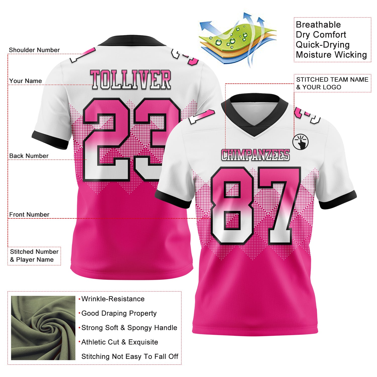 Custom White Hot Pink-Black Authentic Gradient Square Shape Flag Football Jersey - Image 2