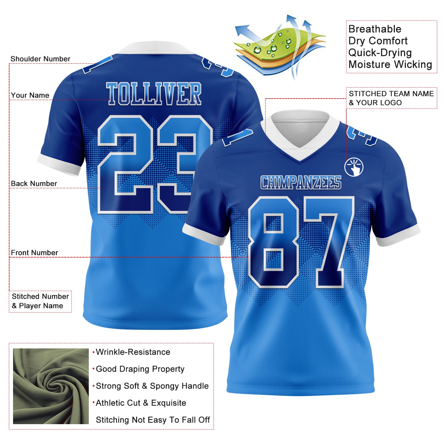 Custom Royal Powder Blue-White Authentic Gradient Square Shape Flag Football Jersey - Image 2