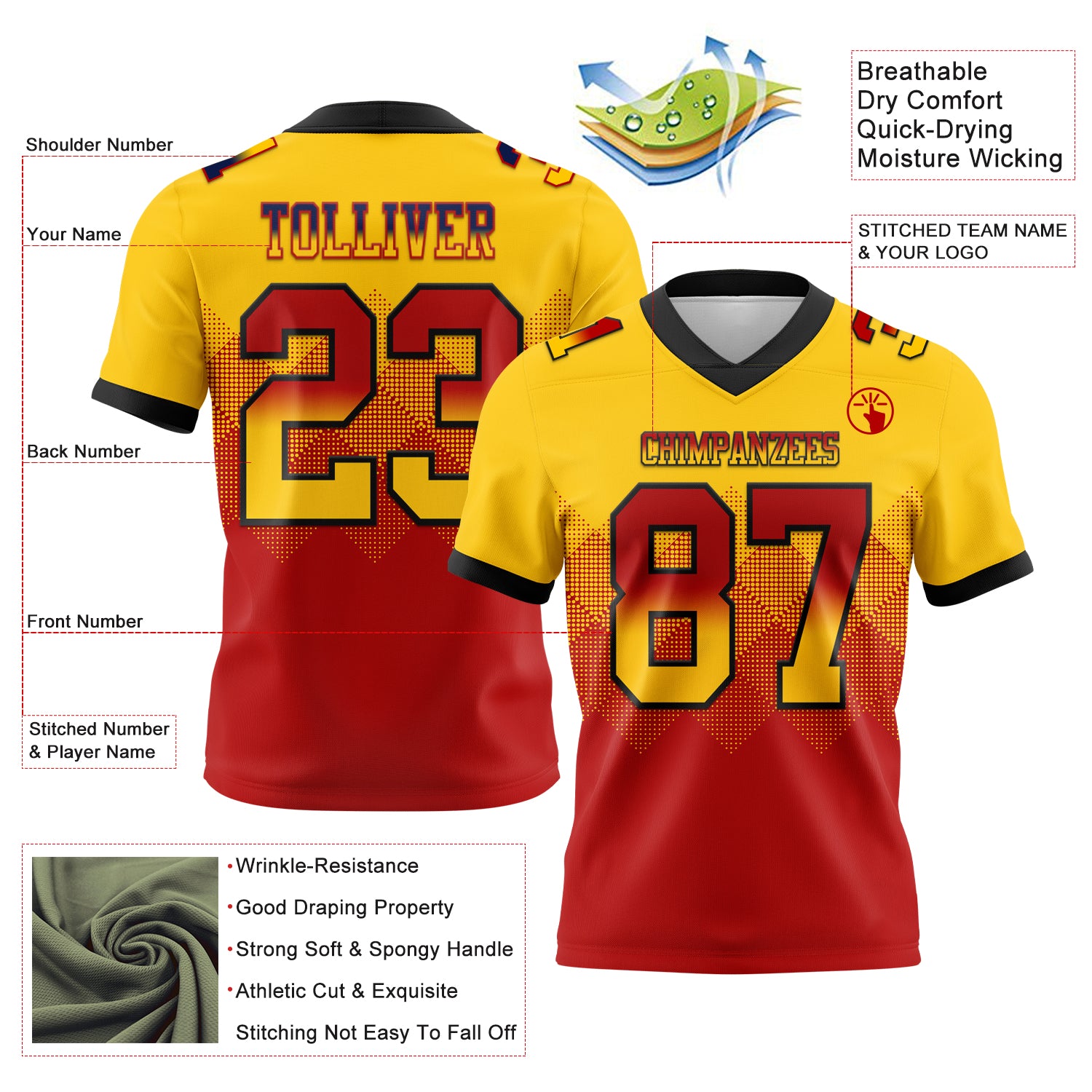 Custom Yellow Red-Black Authentic Gradient Square Shape Flag Football Jersey - Image 2
