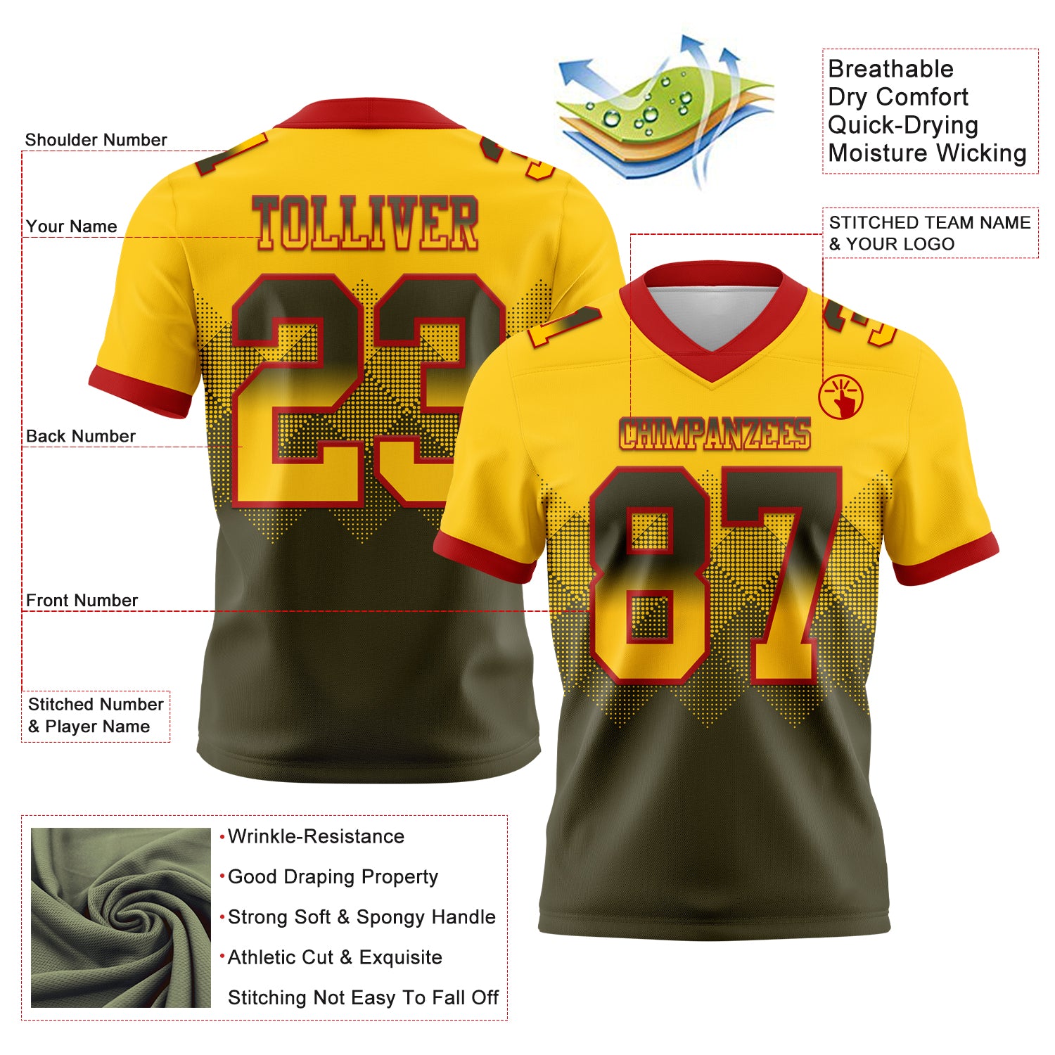 Custom Yellow Olive-Red Authentic Gradient Square Shape Flag Football Jersey - Image 2