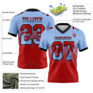 Custom Light Blue Red-Black Authentic Gradient Square Shape Flag Football Jersey