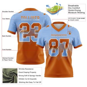 Custom Light Blue Texas Orange-White Authentic Gradient Square Shape Flag Football Jersey