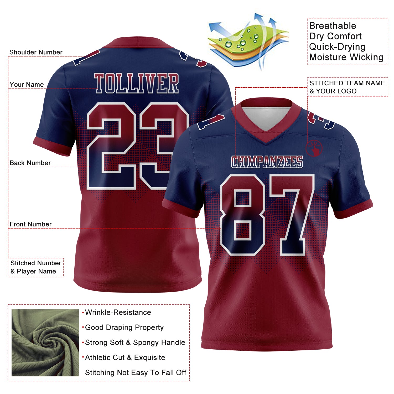 Custom Navy Crimson-White Authentic Gradient Square Shape Flag Football Jersey