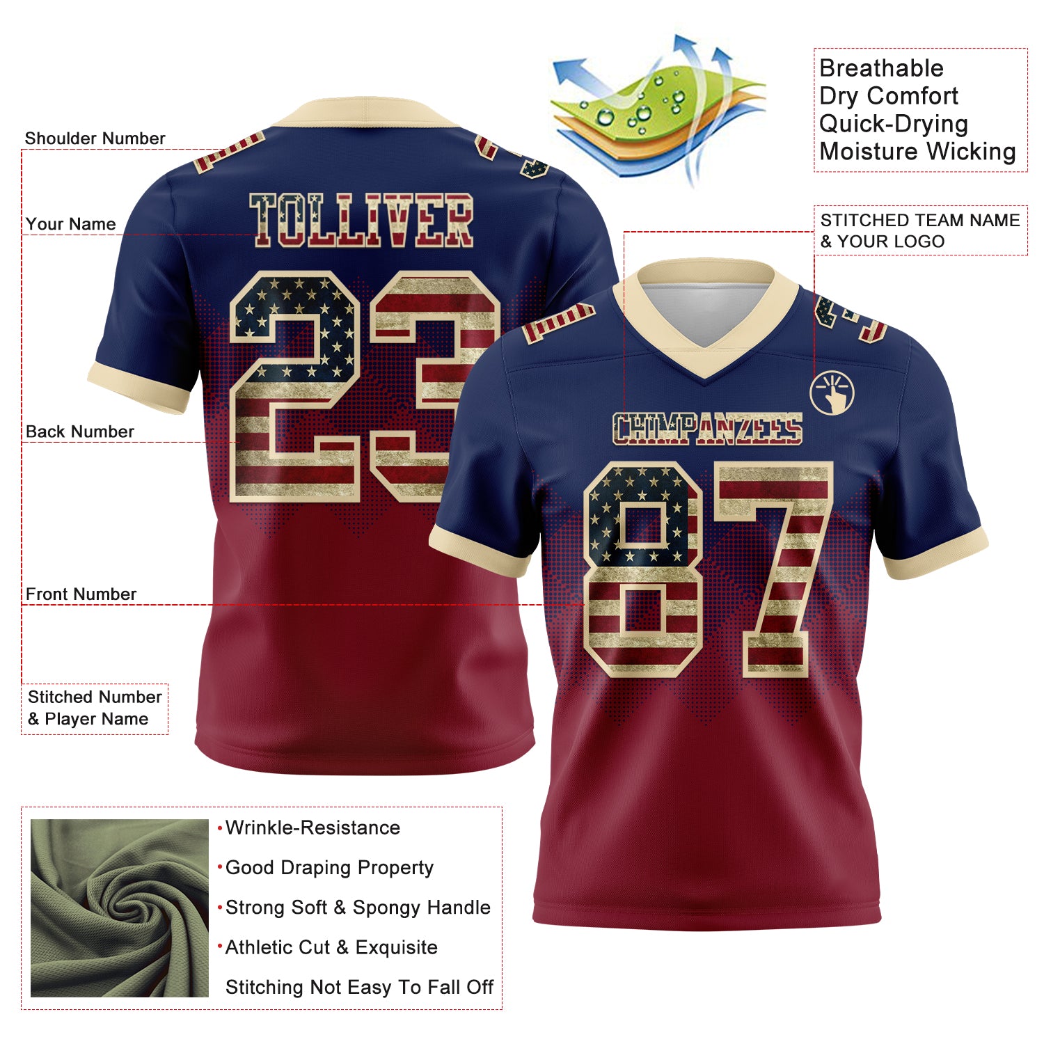 Custom Navy Vintage USA Flag Crimson-Cream Authentic Gradient Square Shape Flag Football Jersey - Image 2