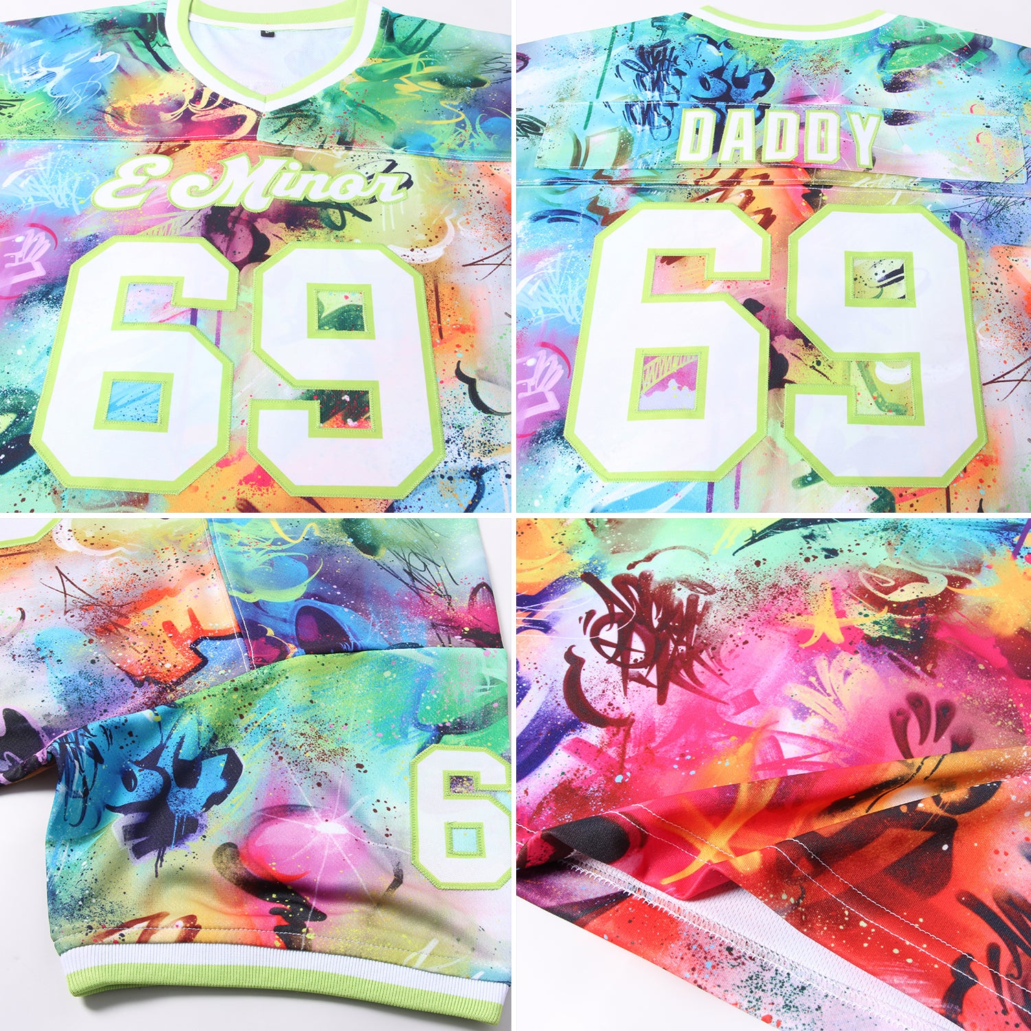 Custom Graffiti Pattern White-Neon Green 3D Authentic Throwback Football Jersey - Image 5