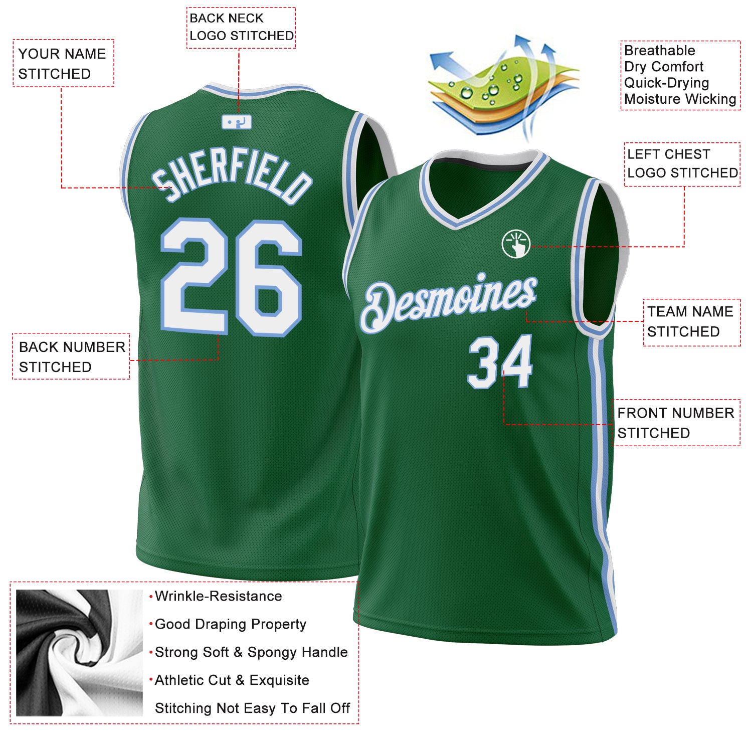 Custom Kelly Green White-Light Blue Authentic Throwback Basketball Jersey - Image 3