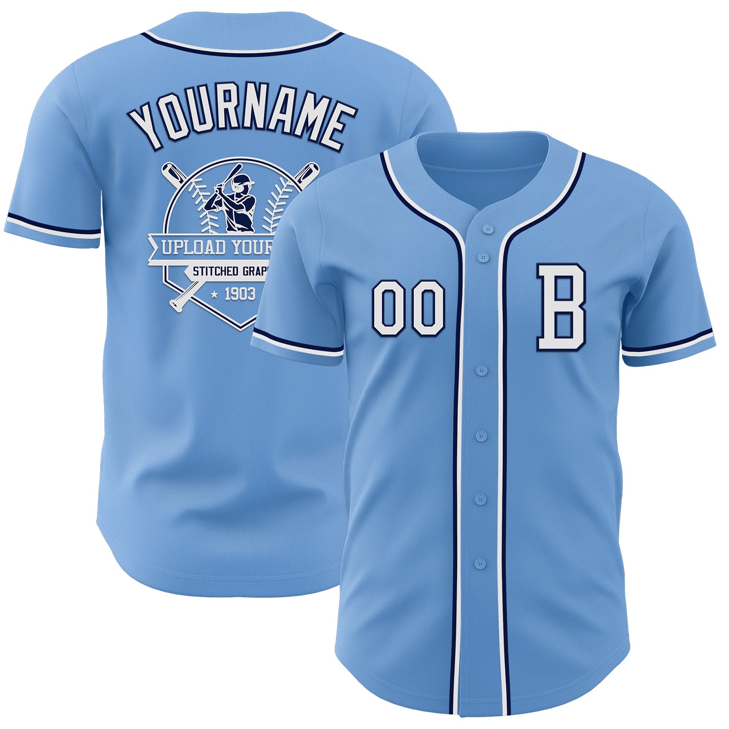 Custom Light Blue White-Navy Authentic Baseball Jersey - Image 5