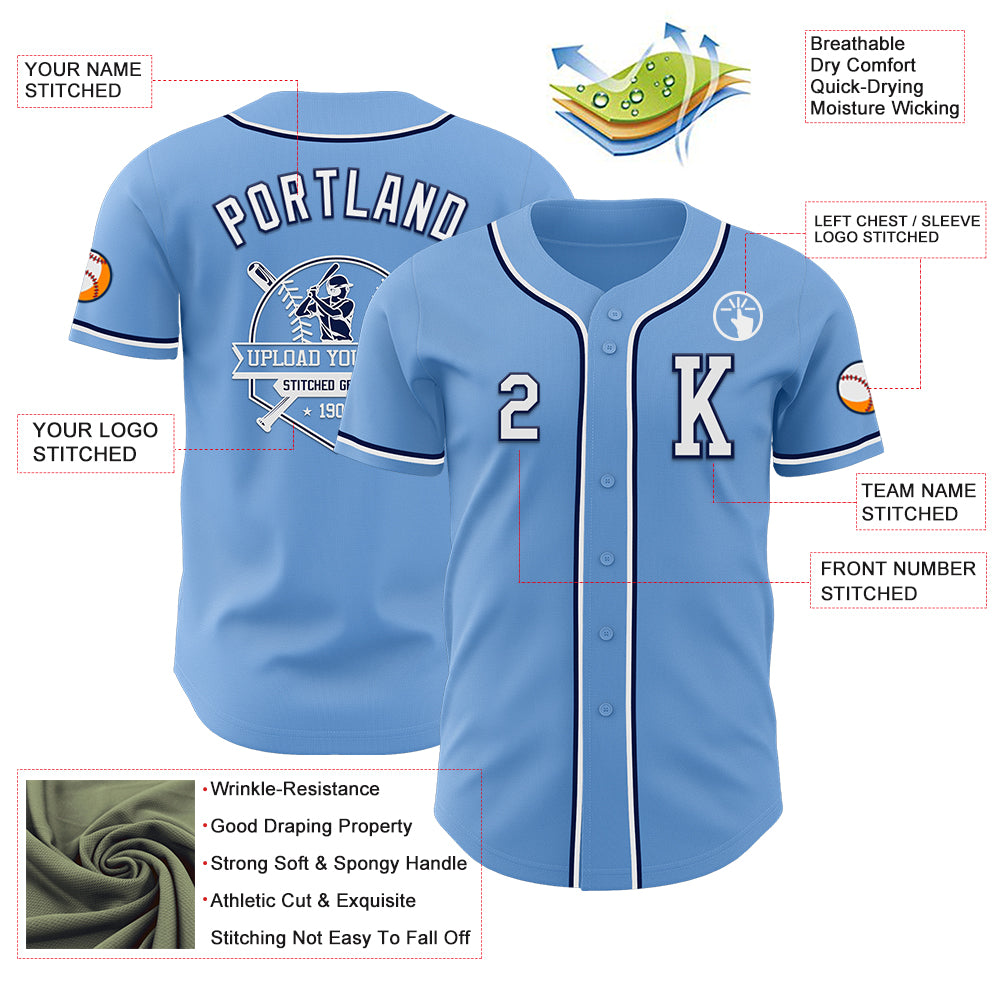 Custom Light Blue White-Navy Authentic Baseball Jersey - Image 6