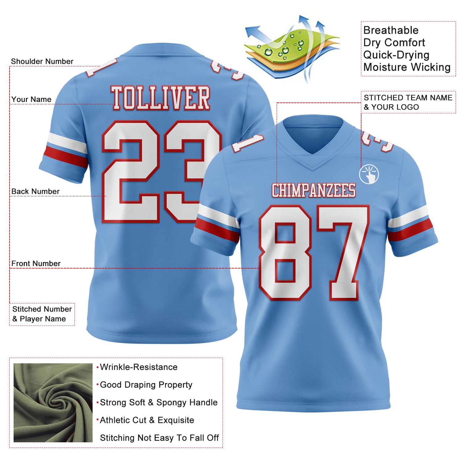Custom Light Blue White-Red Authentic Football Jersey - Image 3