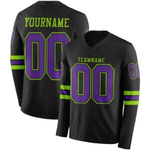 Custom Black Purple-Neon Green Long Sleeve Authentic Football Jersey