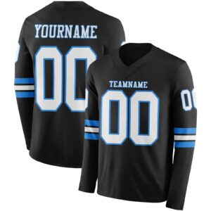 Custom Black White-Powder Blue Long Sleeve Authentic Football Jersey