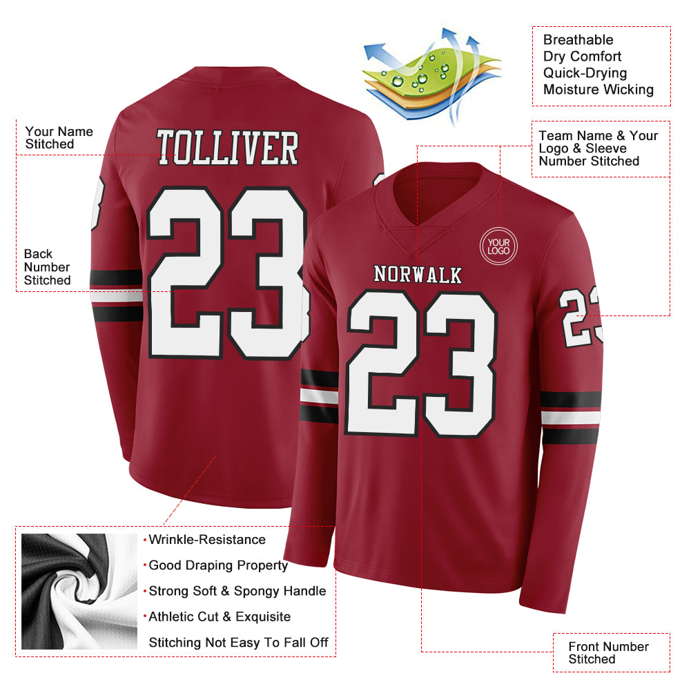 Custom Cardinal White-Black Long Sleeve Authentic Football Jersey - Image 2