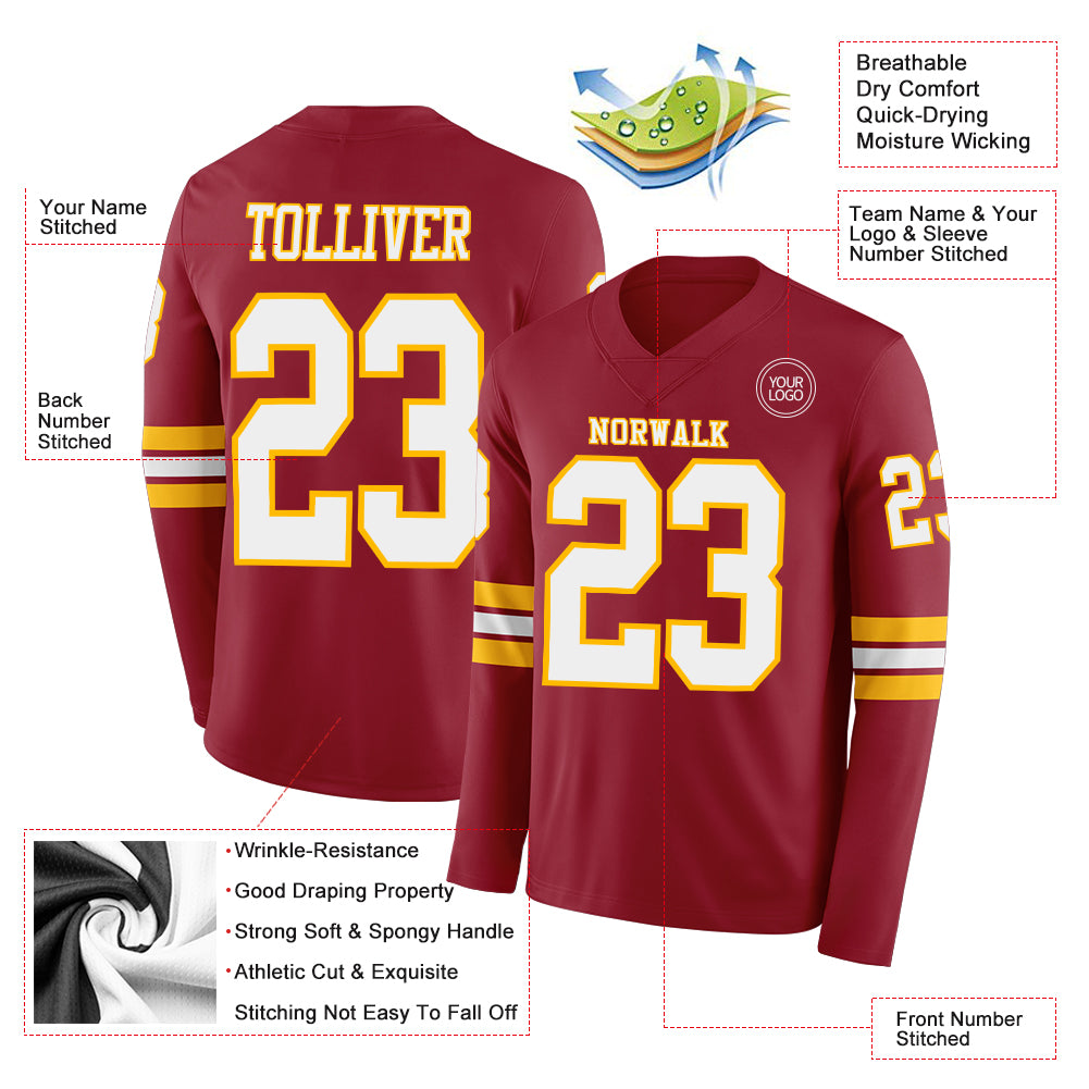 Custom Cardinal White-Gold Long Sleeve Authentic Football Jersey - Image 2