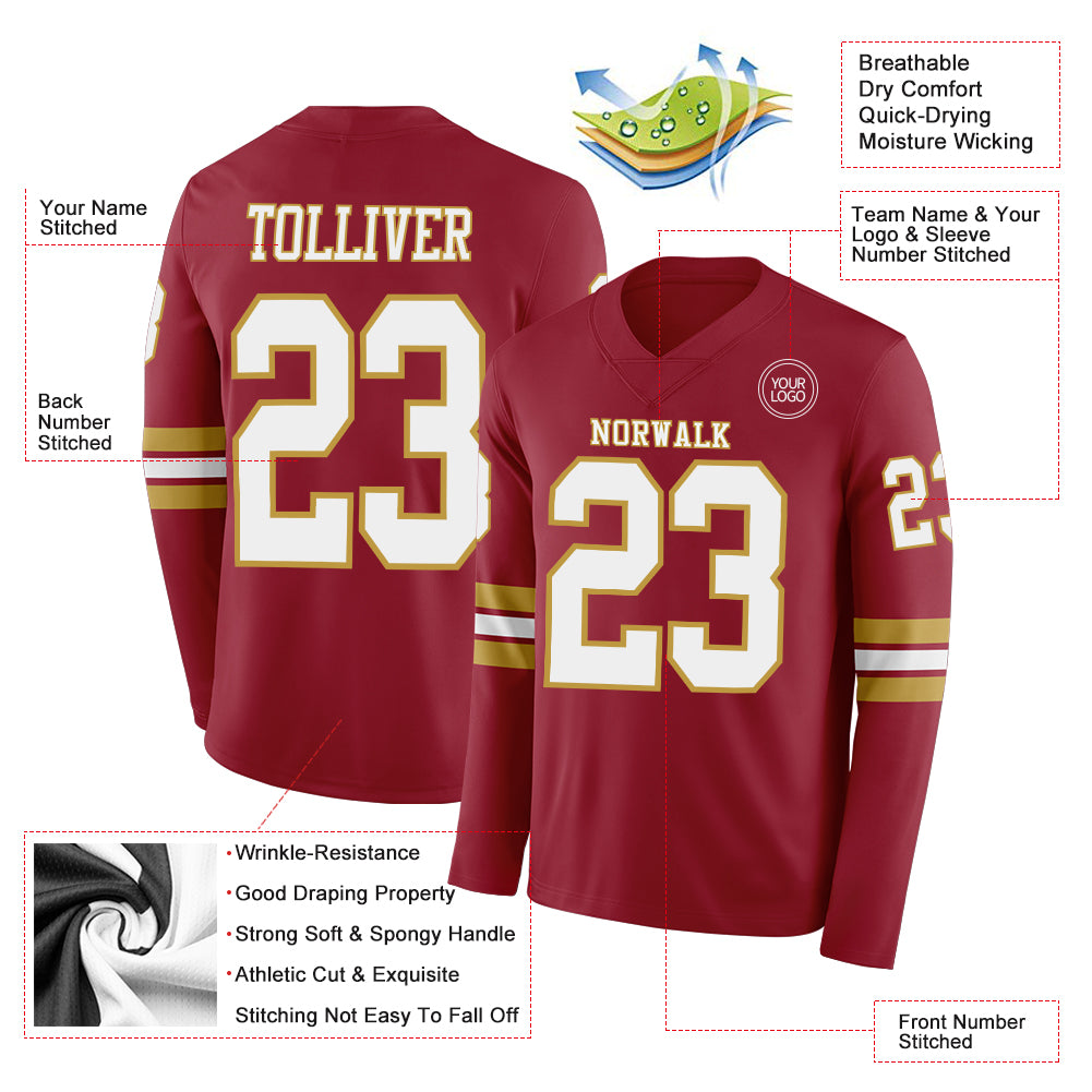 Custom Cardinal White-Old Gold Long Sleeve Authentic Football Jersey - Image 2