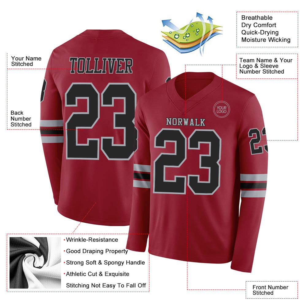 Custom Cardinal Black-Gray Long Sleeve Authentic Football Jersey - Image 2