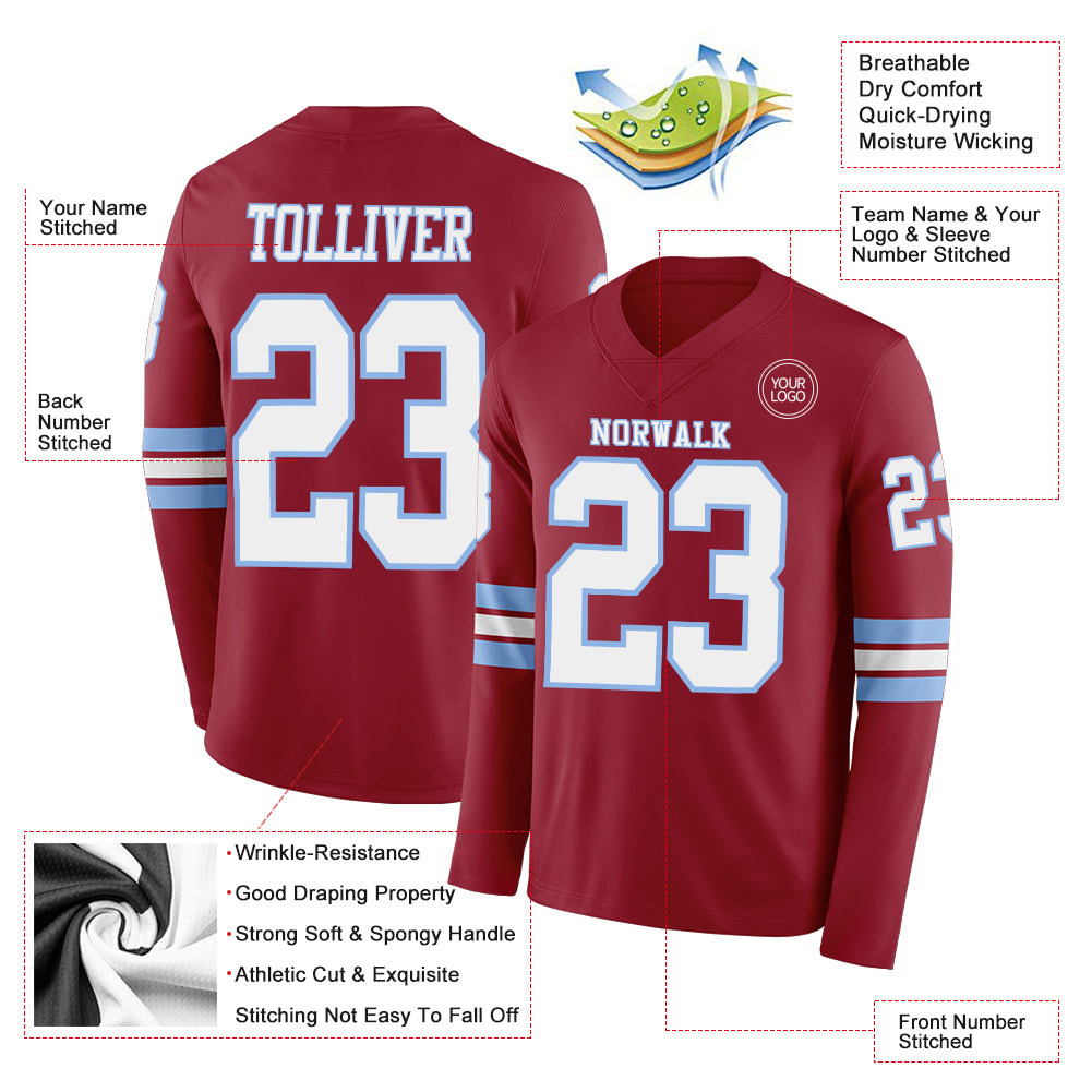 Custom Cardinal White-Light Blue Long Sleeve Authentic Football Jersey - Image 2