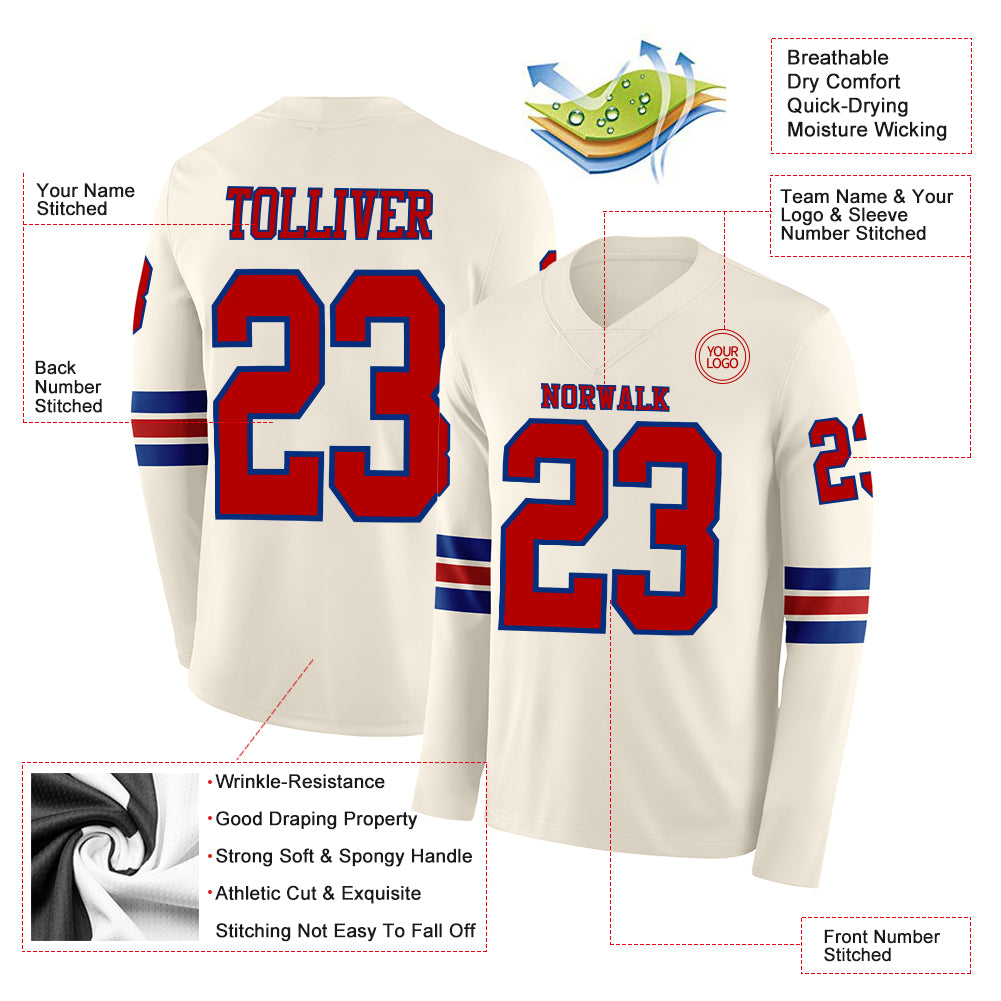 Custom Cream Red-Royal Long Sleeve Authentic Football Jersey - Image 2