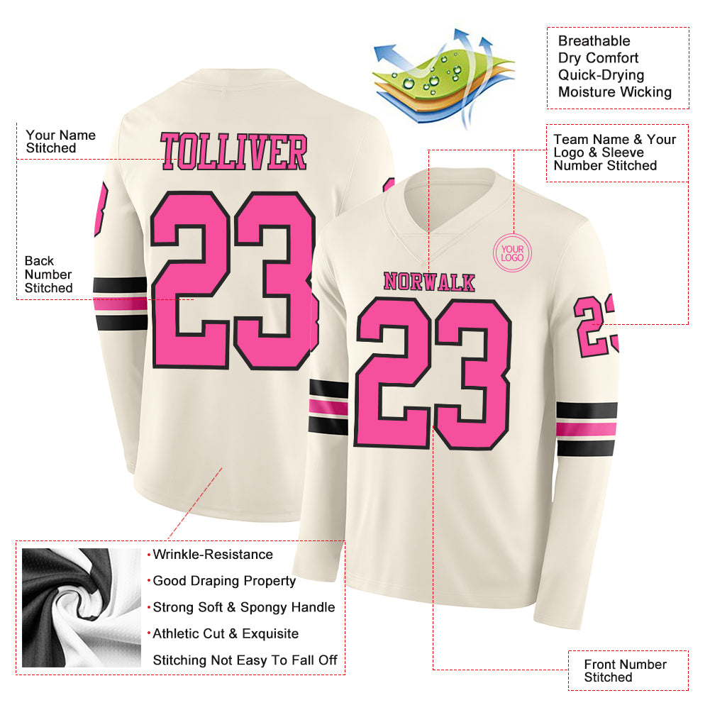 Custom Cream Pink-Black Long Sleeve Authentic Football Jersey - Image 2