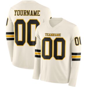 Custom Cream Black-Gold Long Sleeve Authentic Football Jersey