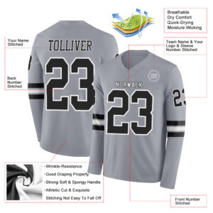 Custom Gray Black-White Long Sleeve Authentic Football Jersey